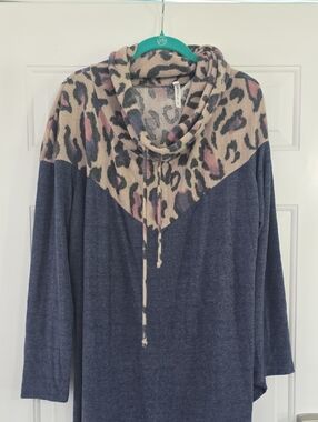 Emerald Navy Cowl-Neck Sweater with Leopard Print Trim